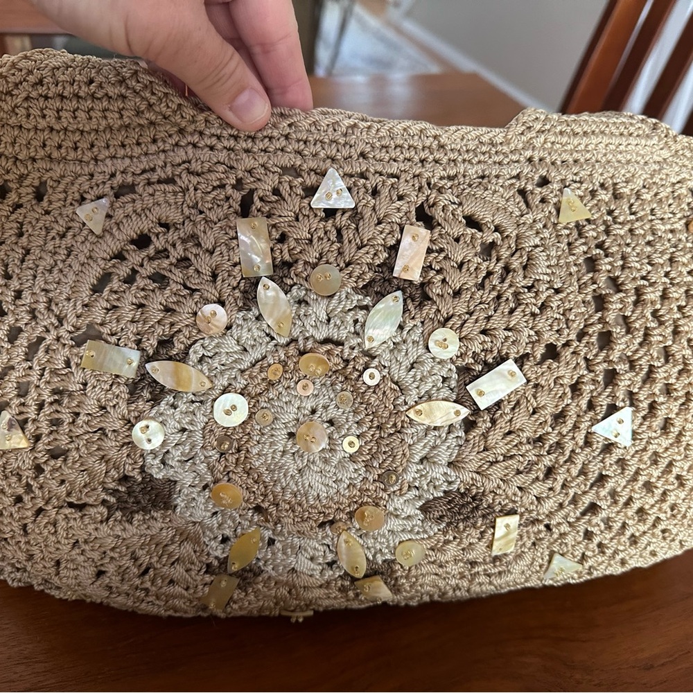 The Sak Tan Crochet Bag with Shell Accents